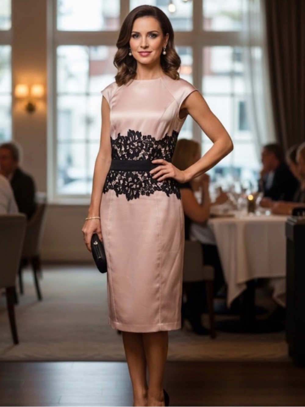 New York & Company Light Pink Midi Dress with Black Lace Waist - Picture 6 of 6